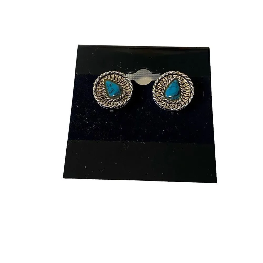 Southwest Style Button Earrings w/ Marbled Faux Turquoise Center.